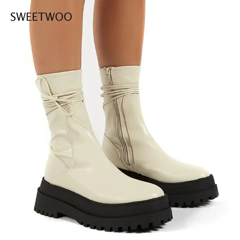 Women's Fashion Boots PU Leather Platform Female Bandage Ankle Boot Zipper Thick Bottom Non Slip Woman Shoes Autumn Winter 2021