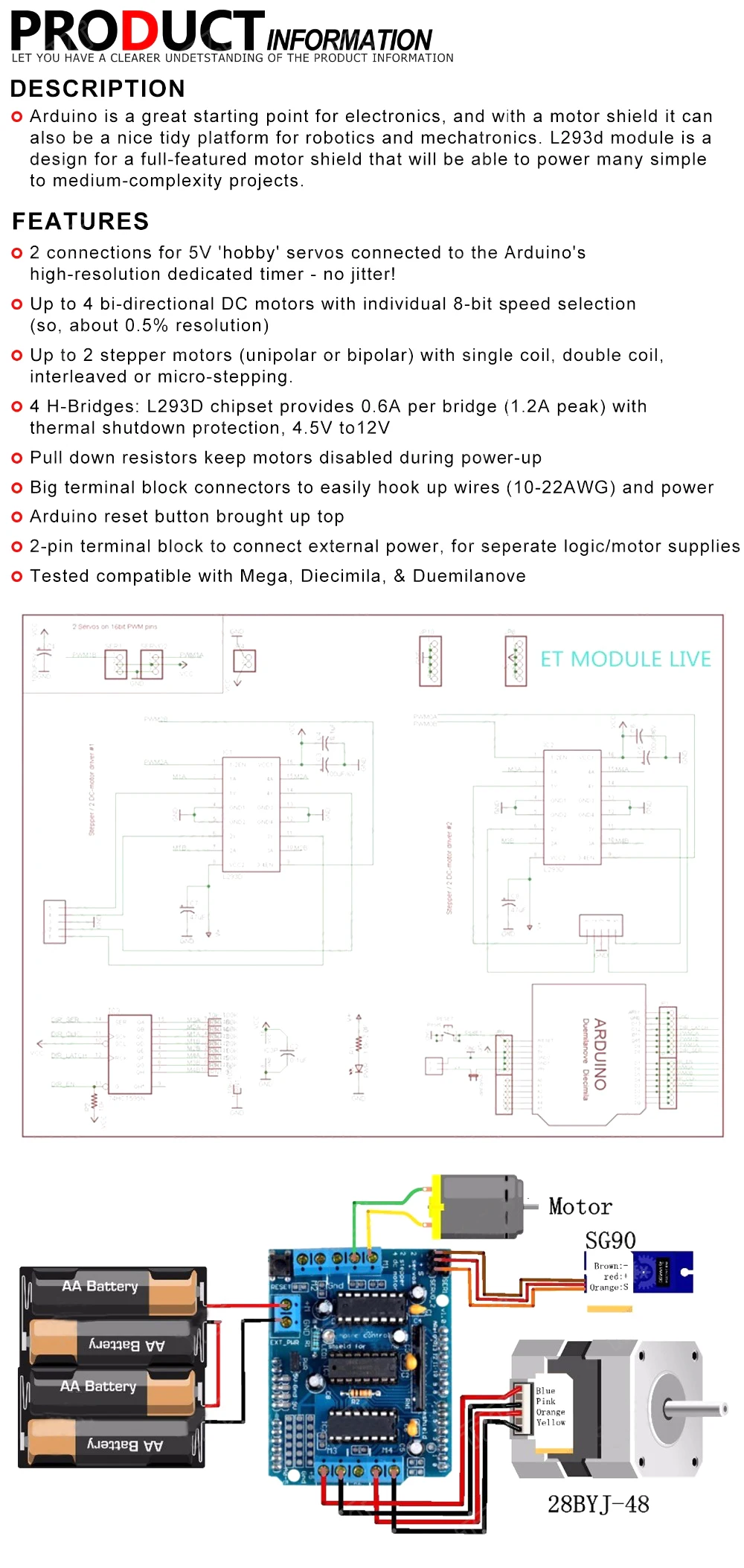 L293D моторный привод щит двойной для arduino Duemilanove, плата расширения привода двигателя Щит управления двигателем