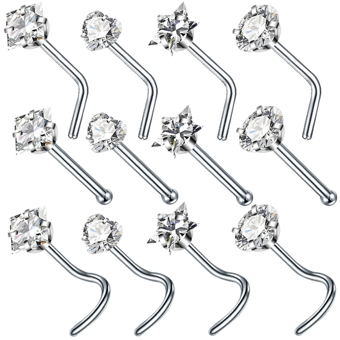 4PCS Chirurgische Stahl Herz Nase Ring Stud Packung Echt Sterne L Form Nase Piercing Stud Set Quadratische Nase Ringe set Piercing Nariz Lote – Detail 2