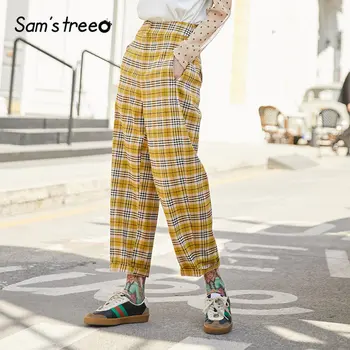 

SAM'S TREE Yellow Plaid High Waist Straight Preppy Women Pants 2020 Winter Brit Graphic Loose Casual Office Ladies Daily Trouser