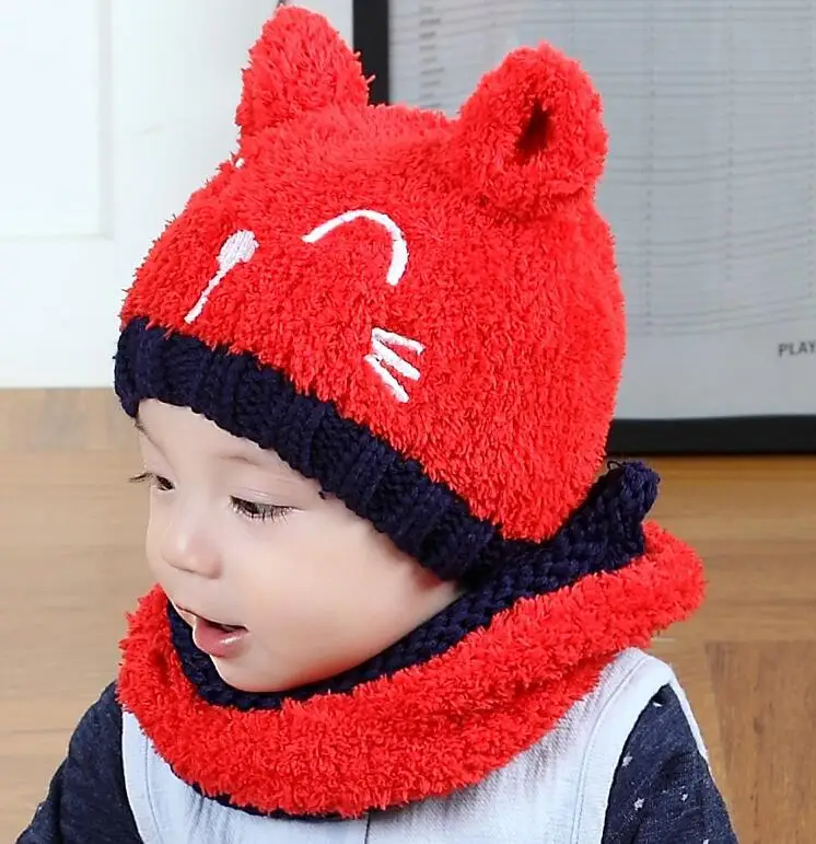 Милая детская зимняя вязаная шапочка Skullies Beanie с шарфом шапка с черепом унисекс шапка бини кошка мягкая теплая детская зимняя шапка - Цвет: red