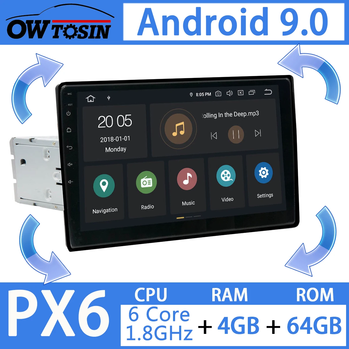 Best 10.1" 180°Rotatable Android 9.0 PX6 4GB RAM 64GB ROM 1 Din 1Din Universal Radio Audio Car Multimedia DVD Stereo Player GPS Radio 1