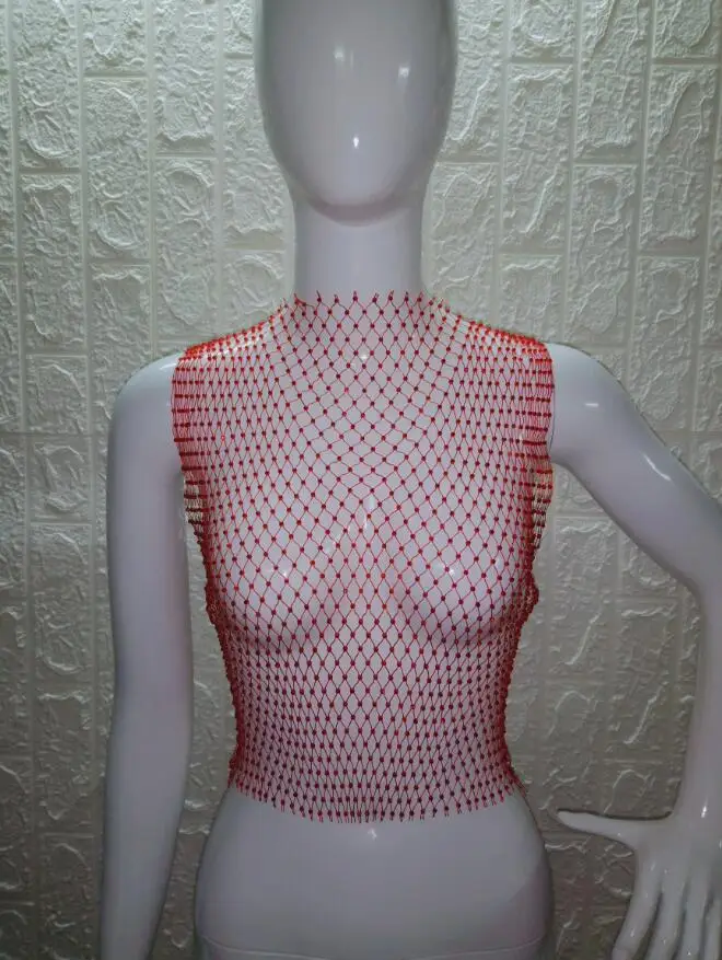 red O-neck Фестиваль сексуальные блестящие бриллианты сетки обрезанный топ на бретелях женская летняя накидка бикини Прозрачная сетка со стразами вечерние Клубные кроп Топ - Цвет: red O-neck
