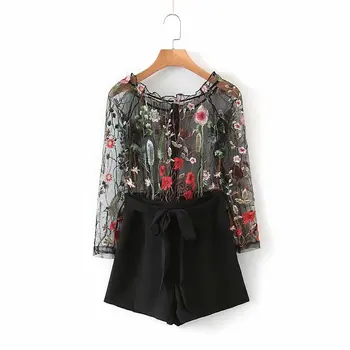 

Vinatge embriodery black romerps women jumpsuits sheer flower casual romerps playsuits transparent sash overalls wide leg 2020