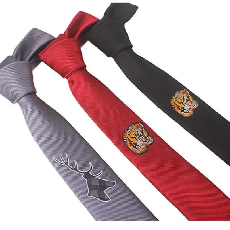 

Embroidery Tie Narrow Style Flower Tiger 5cm Personality Skinny Thin Necktie Leisure Red Black Neckwear Animal
