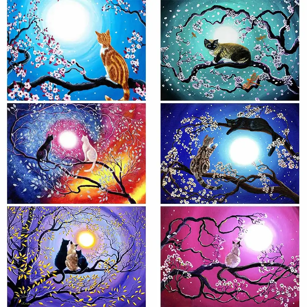 Алмазная картина с изображением кота дерева Луны, животных, мультфильмов, круглая, полная дрель, Nouveaute, сделай сам, мозаика, вышивка 5D, вышивка крестиком, домашний декор, подарки