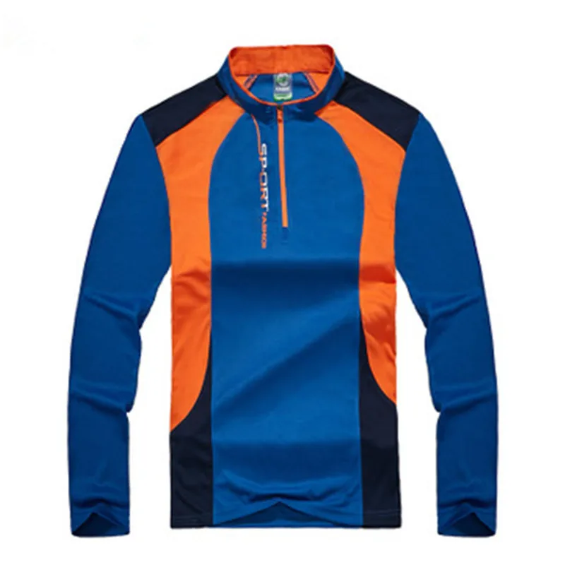 Мужская спортивная Лоскутная футболка, молодежная синяя зеленая Повседневная рубашка с длинным рукавом, эластичные тонкие быстросохнущие топы, воротник-стойка на молнии, футболки