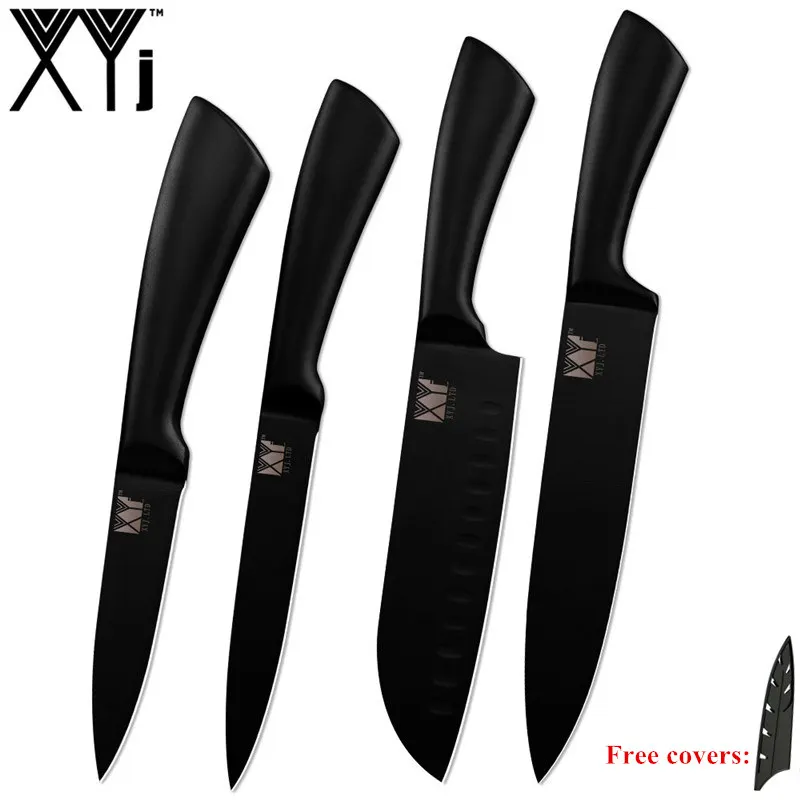 C.4PCS SET XYj 7 шт. кухонные ножи из нержавеющей стали набор инструментов черный изгиб Полный Тан ручка шеф-повара нож 8 ''держатель для ножей Кухня аксессуар - Color: C.4PCS SET
