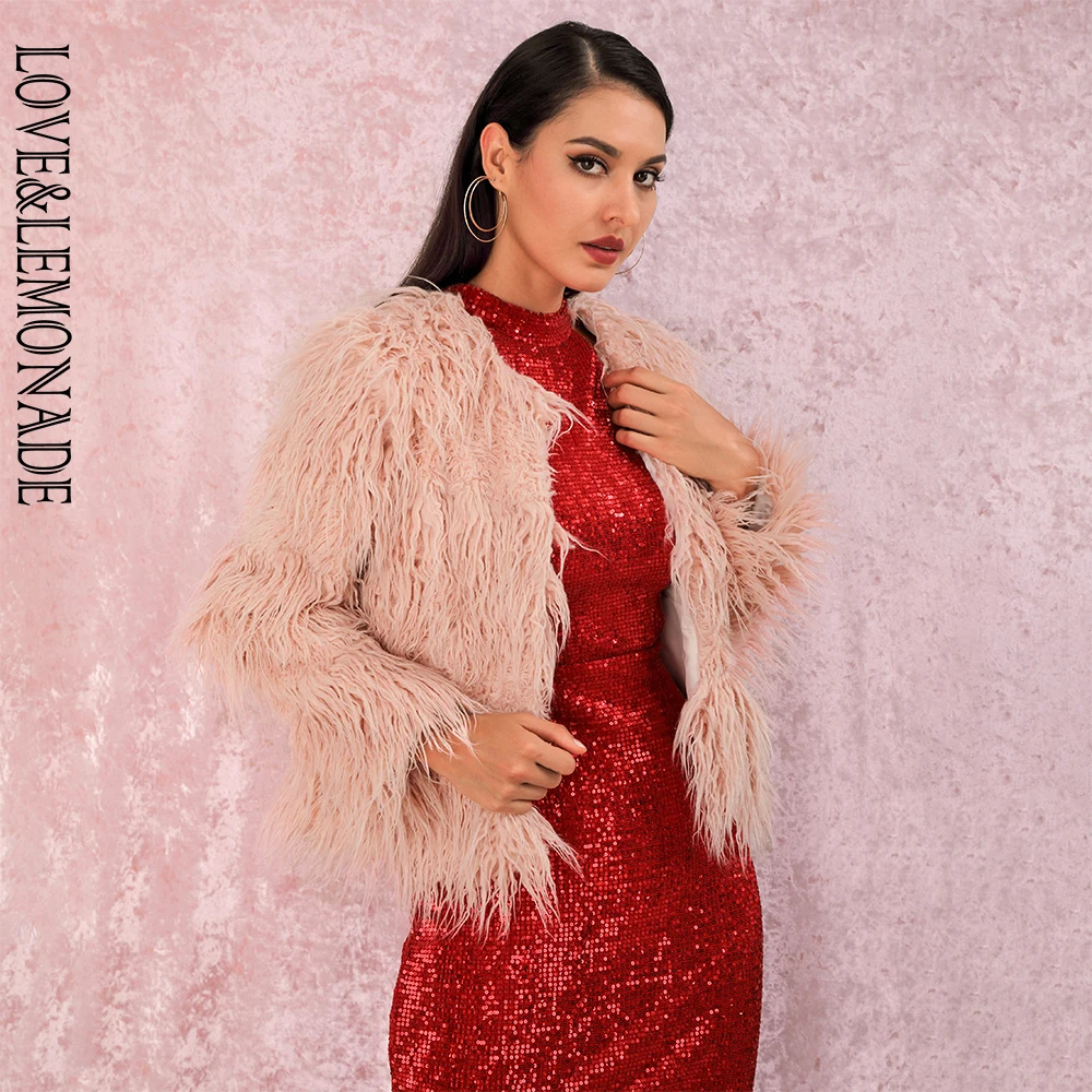 LOVE& LEMONADE сексуальное розовое искусственное меховое темное Полосатое короткое пальто с круглым вырезом LM90122 осень/зима