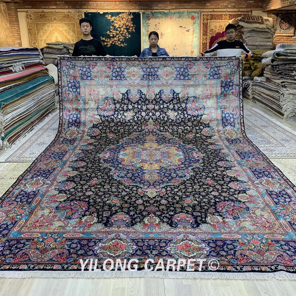 YILONG 10'x14 'ручной работы Турция большой шелковый ковер синий медальон роскошный изысканный ковер(ZSH007A