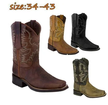 

NAUSK mid-calf boots low heels chaussure vintage PU leather gladiator slip on round toe shoes woman zapatos mujer sapatoN545