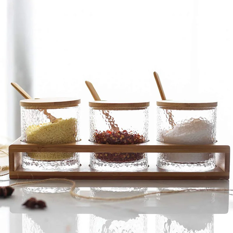 Японский бамбуковый горшок с крышкой для приправ, стеклянная бутылка для приправ, кухонные принадлежности, Полка для специй, банка для соли и перца, контейнер, полный набор