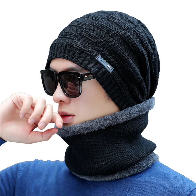 hat scarf set black Зимняя шапка Xthree, шерстяные шапочки, вязаная шапка, шарф с подкладкой, мужские шапочки, зимние шапки для мужчин, шапочки, шапки - Цвет: hat scarf set black
