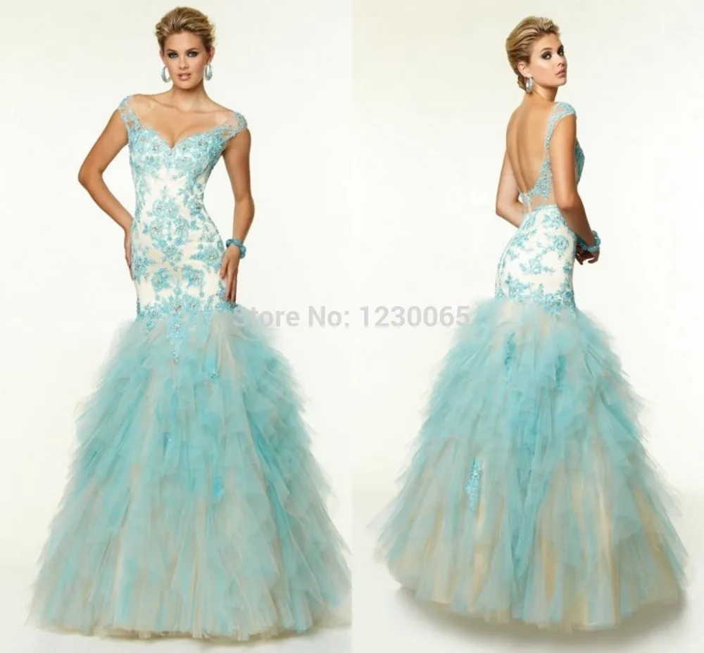 

Tiered Ruffles appliques open backless Long Prom Dresses 2015 Sleeveless Floor Length Sexy V Neck Cheap Evening Dress Party gown