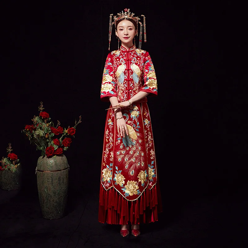 Красный свадебный Cheongsam китайский женский цветочный вышивка павлин Qipao изысканный Bling Стразы marige Набор размера плюс