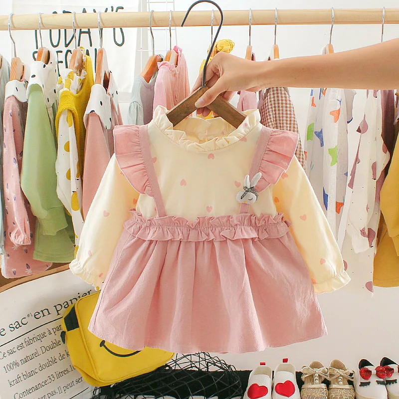 

Cute Infant Rabbit Decoration Splice Tow-piece Dress For Baby Girl Love Heart Print Ruffle Splice Dress For Kid Clothes