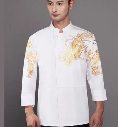 white Long sleeve Драгн чехол с принтами воротник с длинными рукавами шеф-повара Униформа Парикмахерская кафе-кондитерская одежда повара Зимняя Куртка поварская Рабочая форма - Цвет: white Long sleeve