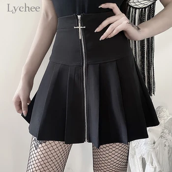 

Lychee Harajuku Sexy Fashion Women High Waist Pleated Solid Color Short Elastic Skirt Korean Lady Party Casual Skirts Black