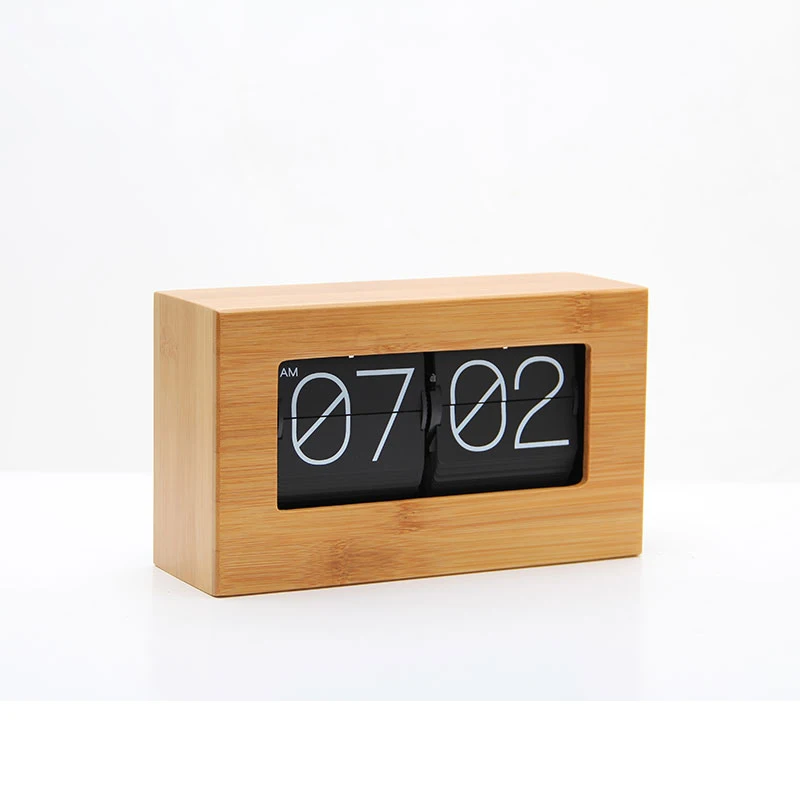 Bambus Holz Automatische Flip Clock Retro Metall Seite Drehen Uhr