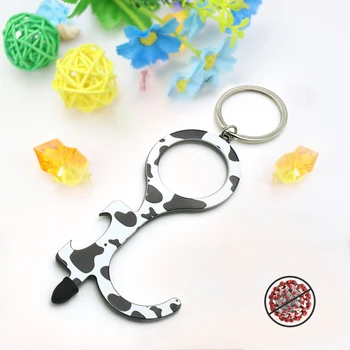

White Black Cow Symbol Pattern Portable Bottle opener /Hook Contactless Safety Keychain No Touch Door Opener Key Tool
