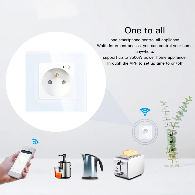 FR WiFi Smart Wall 16A Socket Outlet Glass Panel French Smart Life/Tuya Remote Control,Works with Amazon Echo Alexa Google Home