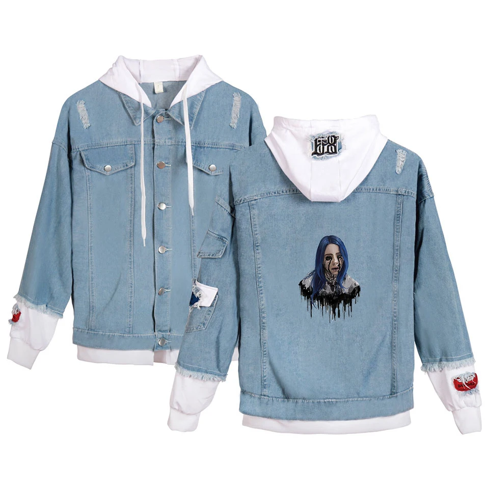 Billie Eilish/ Осенняя трендовая ковбойская куртка с капюшоном для мужчин, женщин, мальчиков и девочек, уличная одежда в стиле хип-хоп, Повседневная джинсовая куртка XXS-4XL