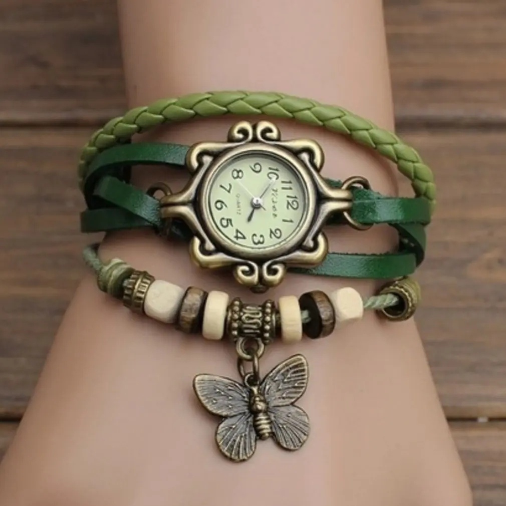 Vintage Women Wacthes Butterfly Pendant Bracelet Wristwatches Braided Leather Quartz Watch Women Wacth