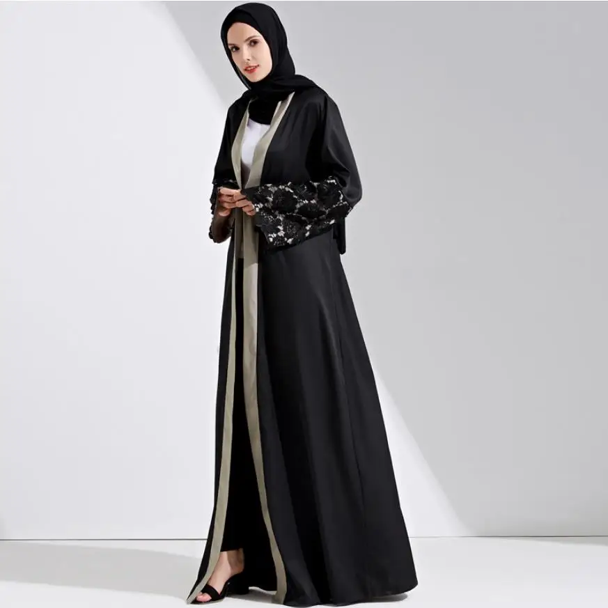 black Модный исламский кружева шить мусульманка jubah женский Арабская мода отличное качество макси размера плюс мусульманский кардиган Абайи wq1160 - Цвет: black