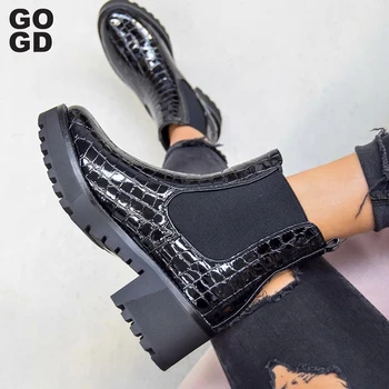 

[GOGD] Winter 2020 women's shoes new round head flat heel elastic band boots patent leather stone pattern British style women's