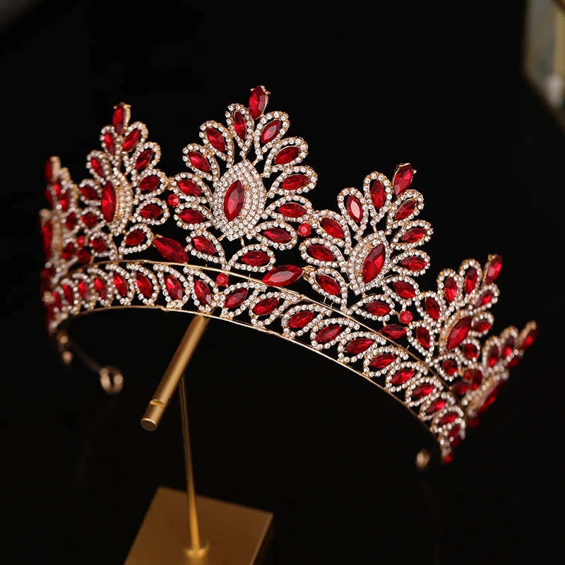 Bridal crown grand crown wedding handmade hair ornament golden Rhinestone female red crystal gem headdress bridal headdress