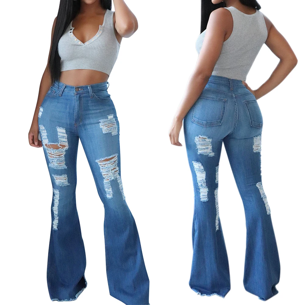 Vintage Flare Jeans For Women Sexy Ripped Hole Demin Pants Ladies Casual High Waist Female Pocket Calca Feminina 30 | Женская одежда