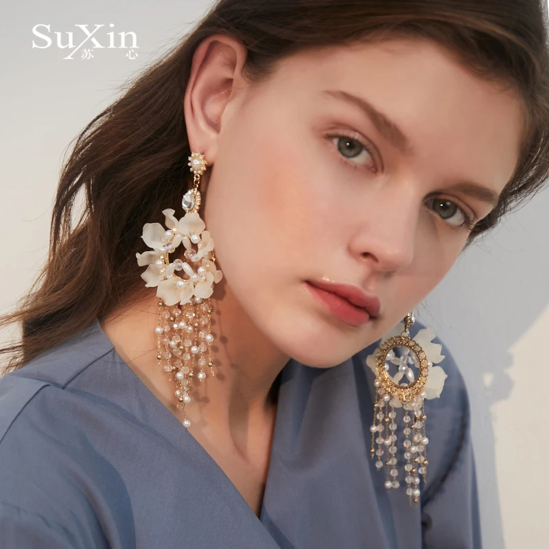 Корейские акриловые серьги Suxin прозрачные с цветами и кисточками для женщин