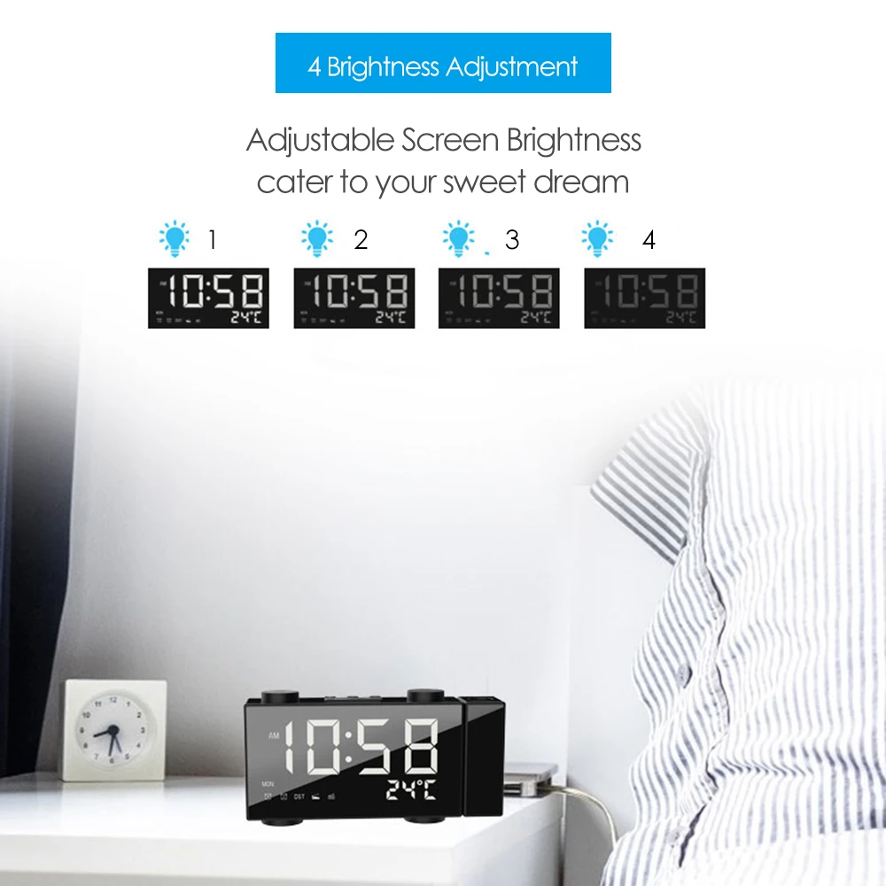 Digital Alarm Clock FM Projection Radio Alarm Clock with Snooze Thermometer Table Clock USB LEDs Alarm Clocks