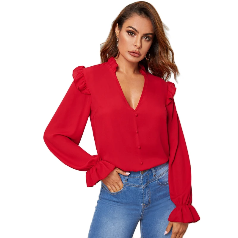 SHEIN Red Ruffle Trim Buttoned Front V Neck Blouse Top Women Spring Autumn Sheer Blouses Flounce Long Sleeve Solid Elegant Tops