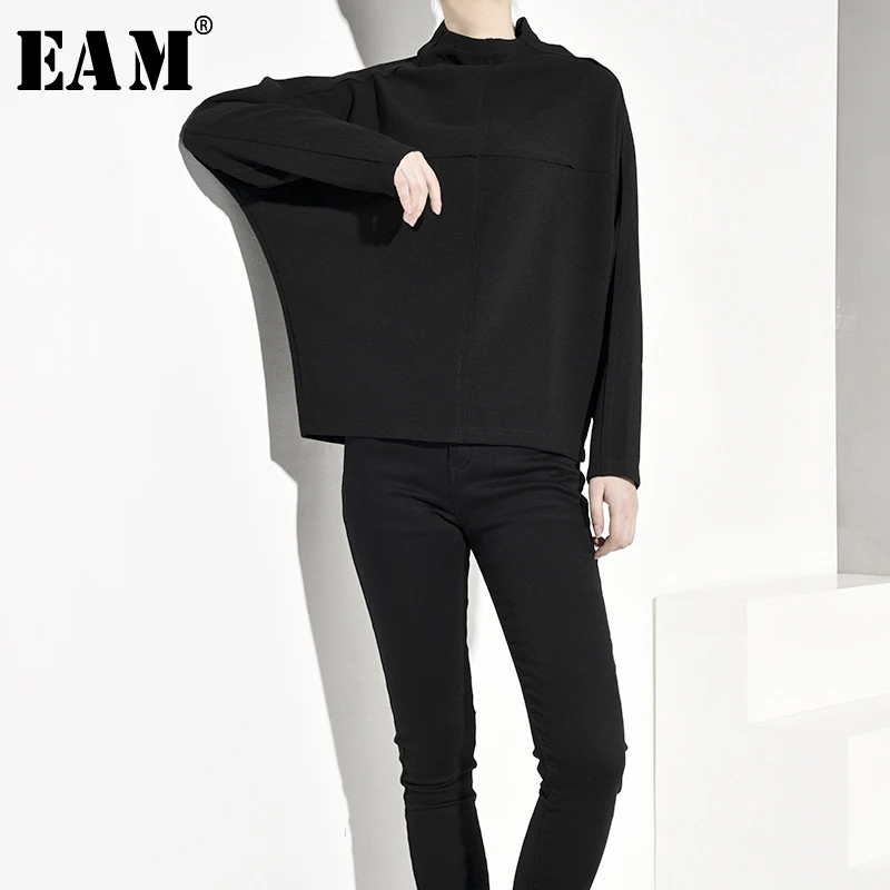 

[EAM] Loose Fit Black Oversize Sweatshirt New High Collar Long Sleeve Women Big Size Fashion Tide Autumn Winter 2019 LA2510