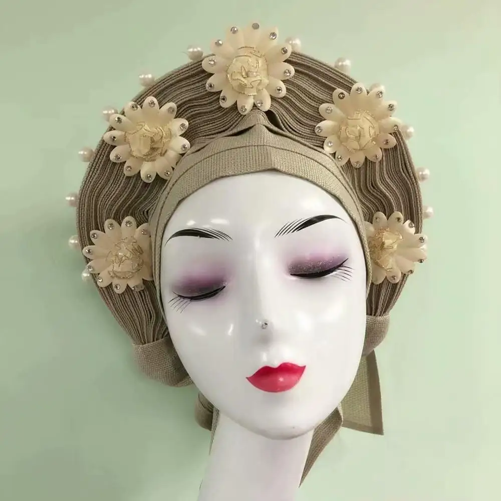 Геле головной убор уже сделал Авто геле головной убор с цветком бисером кружевной ткани в африканском стиле-платья для женщин высокого качества