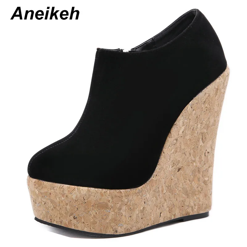 black Aneikeh/ г. Новые ботильоны на танкетке удобные нескользящие Женские ботинки в римском стиле с открытым носком обувь для верховой езды - Цвет: black