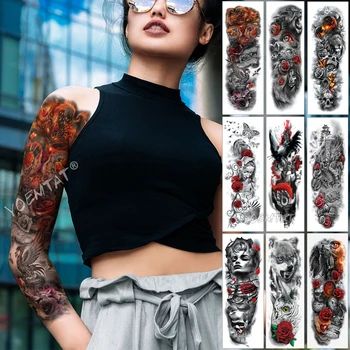

Large Arm Sleeve Tattoo Red Phoenix Rose Waterproof Temporary Tattoo Sticker Paper Letter Life Tree Tatoo Body Art Women