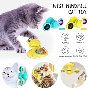 

Turning Windmill Cat Toy Turntable Teasing Hair Brushes Play Game with A Glowing Ball /2 Buckskin Balls TPR Pet Cat Supplies