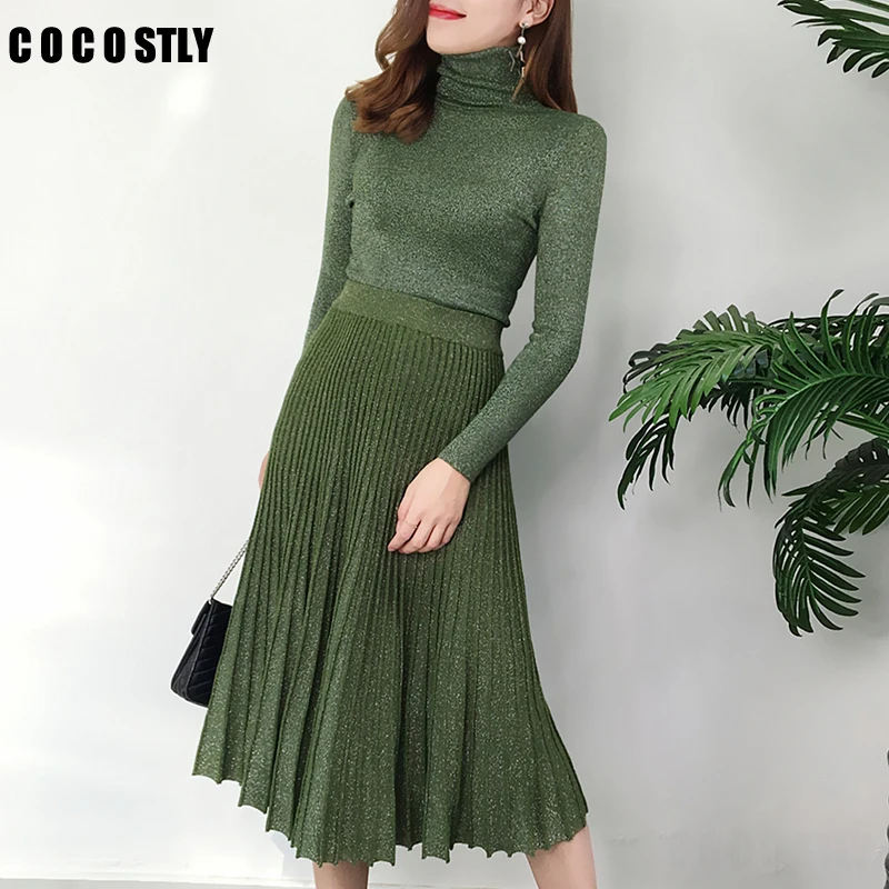

2 piece set women winter retro bright silk turtleneck sweater pullover sweater + long pleated skirt ladies suit matching sets