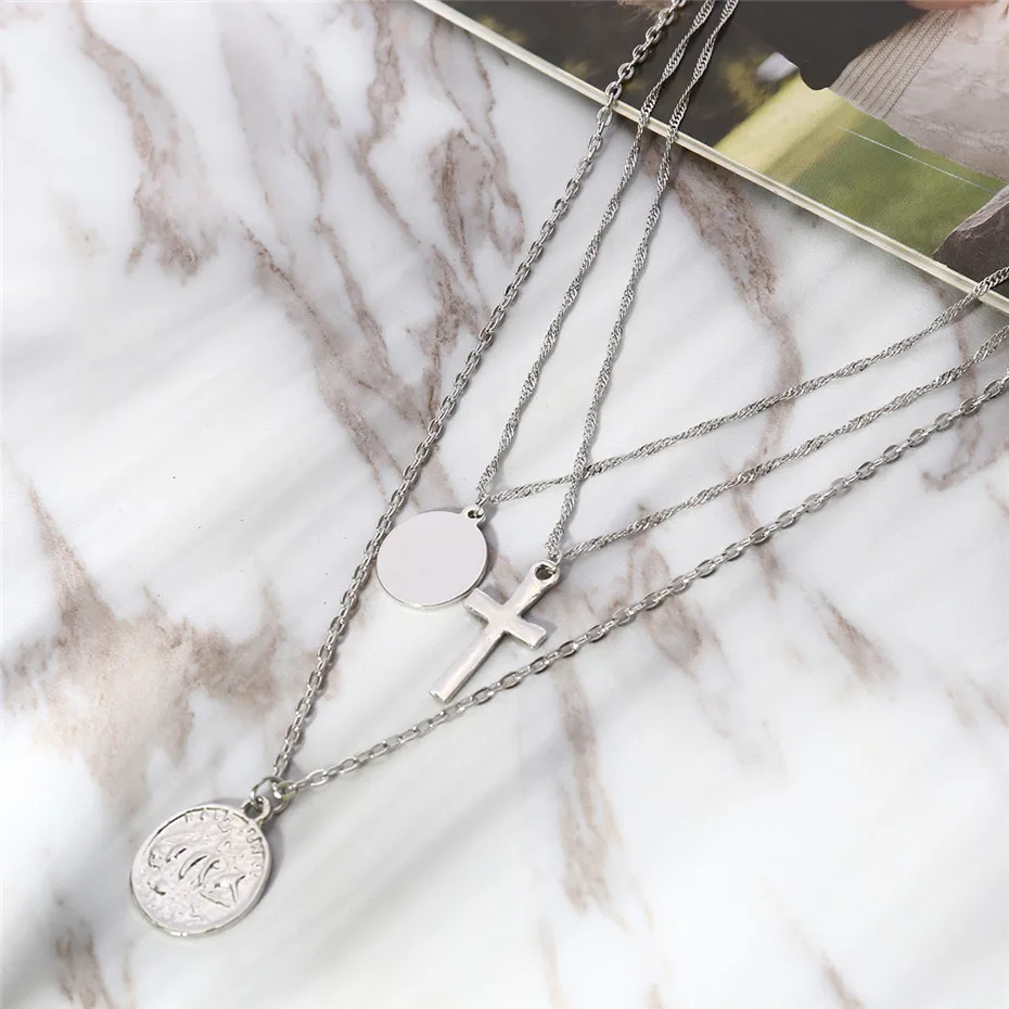 Vintage Queen Cross Coin Layered Necklace Back View