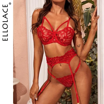 

Ellolace Sexy Lingerie Underwear Set Women Underwire Bra Party Set Red Lace 3 Piece Set Transparent Lingeries Lingerie Bra Set