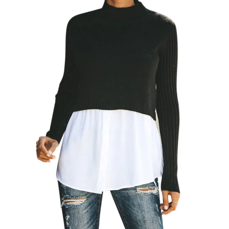 

New Women Sweater Autumn Winter Solid Slim Wild Tops Long Sleeve Turtleneck Casual Knit Stitching Sweater 2019