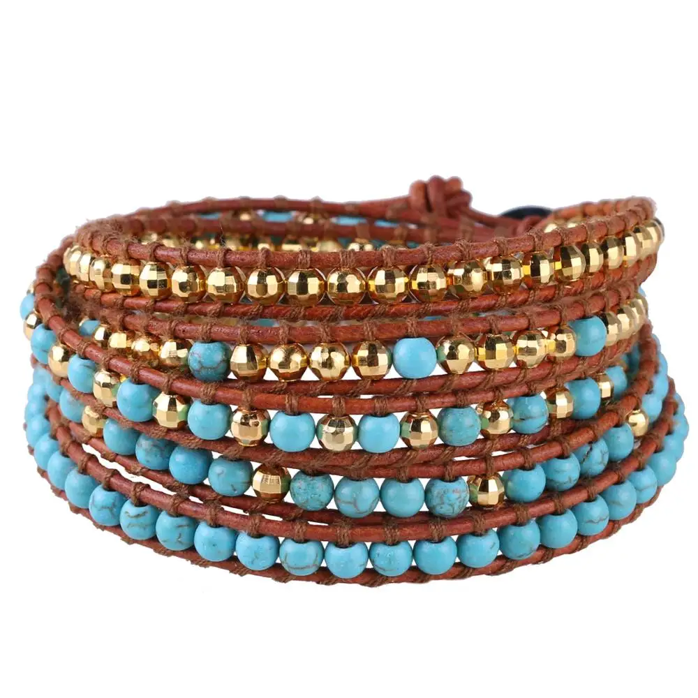 

KELITCH Newest Genuine Leather Rope 5 Wrap Bracelets Created on Turquoise & Gold Beads Bracelets Cuff Exquisite Top Boho Jewelry
