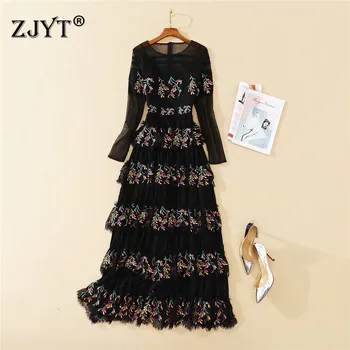 

High Quality Runway Maxi Dress Long Sleeve Autumn Women Clothes Elegant Heavy Embroidery Lace Sexy Evening Party Vestidos