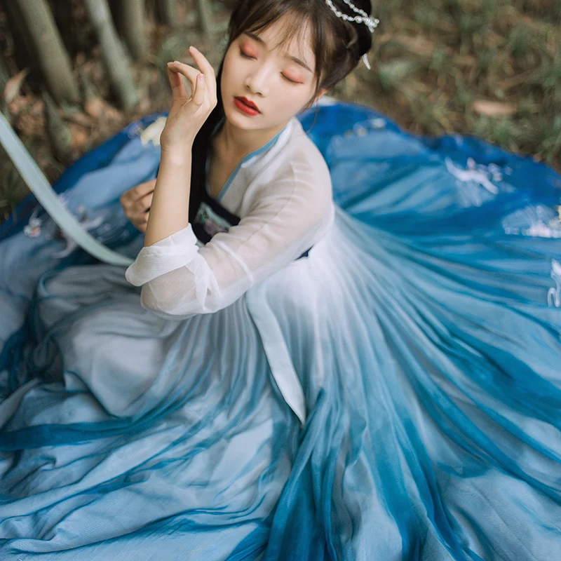 Женские танцевальные костюмы Hanfu с синей вышивкой, традиционное платье феи, наряд для народного фестиваля, одежда для выступлений певцов DC2707