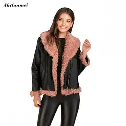 Меховая Лоскутная куртка из искусственной кожи женская теплая куртка с отворотом модная кожаная верхняя одежда из искусственного меха