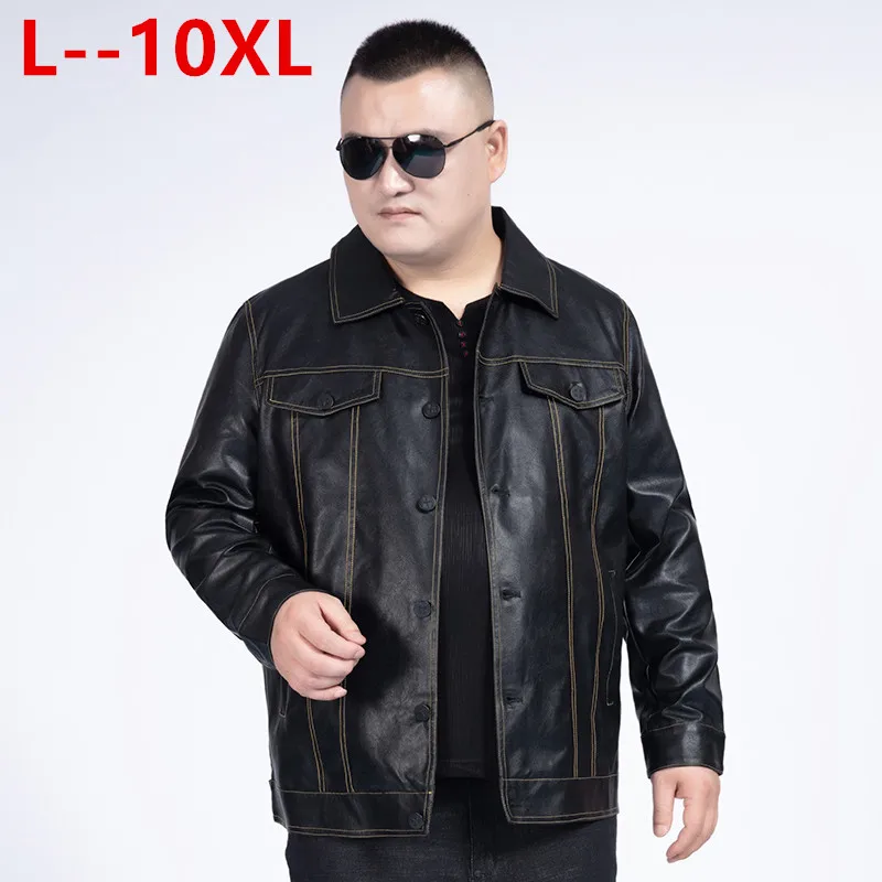 Черный 10XL 8XL 6XL Мужская куртка осень зима отложной воротник молния искусственная кожа мотоциклетная куртка короткое пальто ветрозащитная теплая куртка - Цвет: Черный