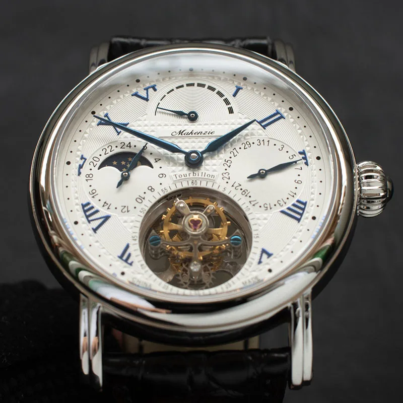 Высококачественные часы с хронографом Pilot Tourbillon, мужские часы с фазой Луны ST8007, модные мужские механические часы с календарем, запас мощности
