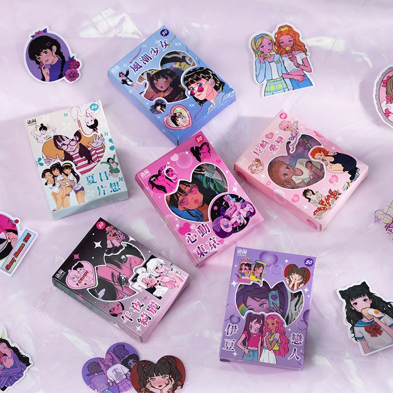 

50pcs Cartoon girl Stickers aesthetic Stationery Decorative Sticker Diy Scrapbooking Diary Album Planner collage material